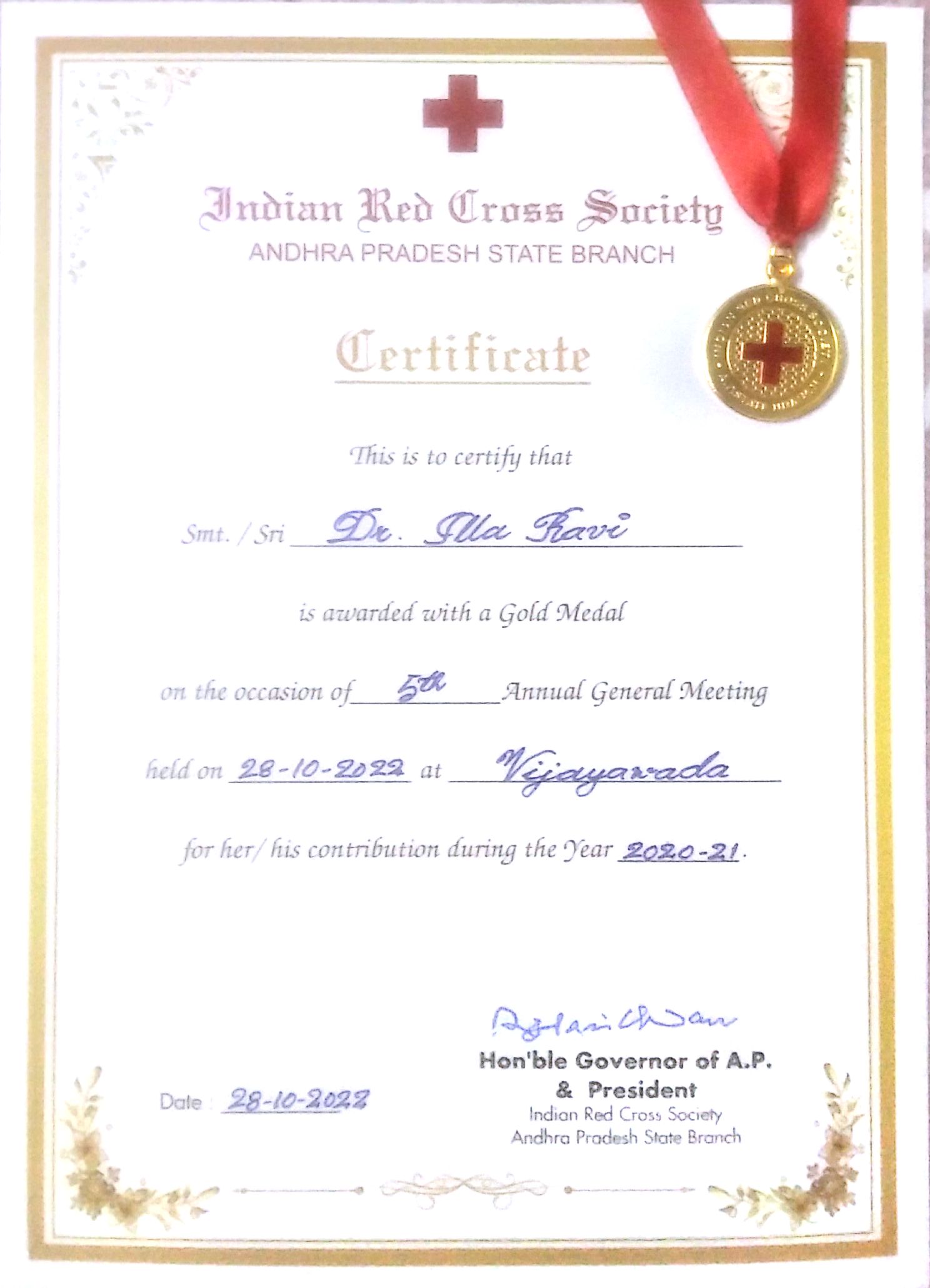 Respected Sir, I am happy to submit that I am awarded Governor's Gold Medal for my humanitarian services during the pandemic.