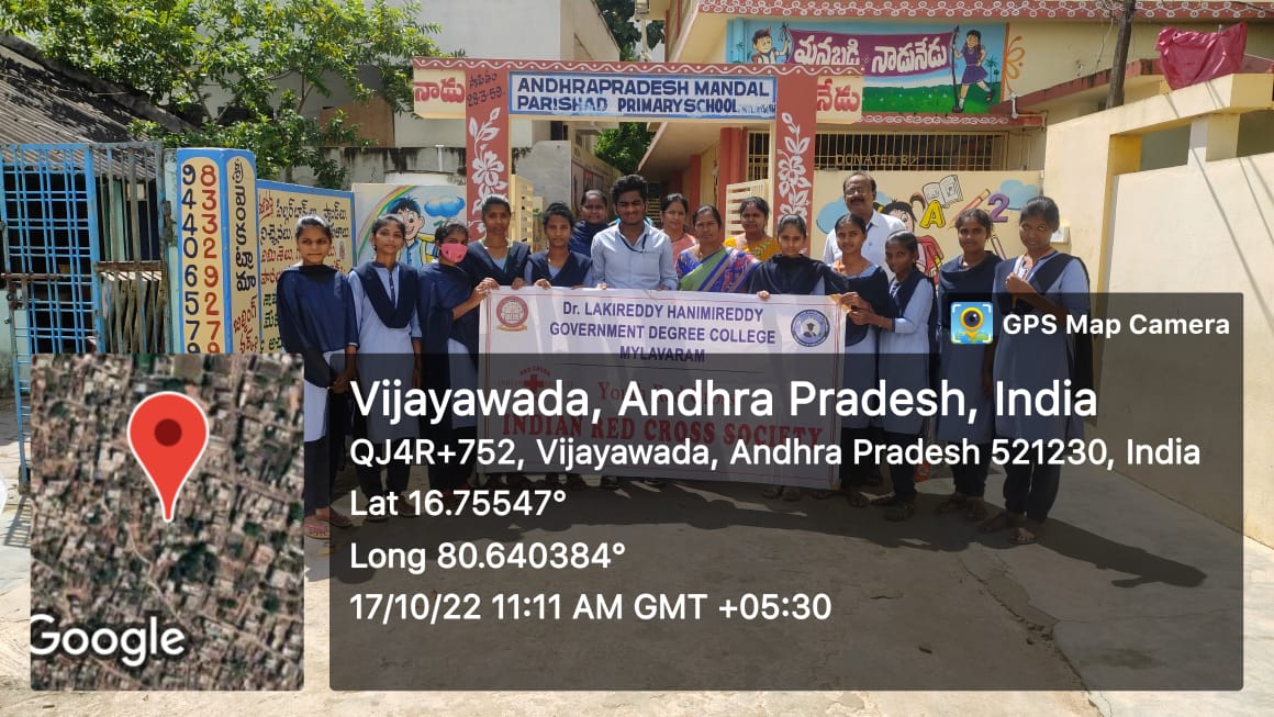 YOUTH RED CROSS The YRC Volunteers of our college conducted awareness on hygiene of hands for children studying in Elementary Schools in Mylavaram. They distributed soups to be placed at toilets and drinking water points. The YRC Coordinator of the